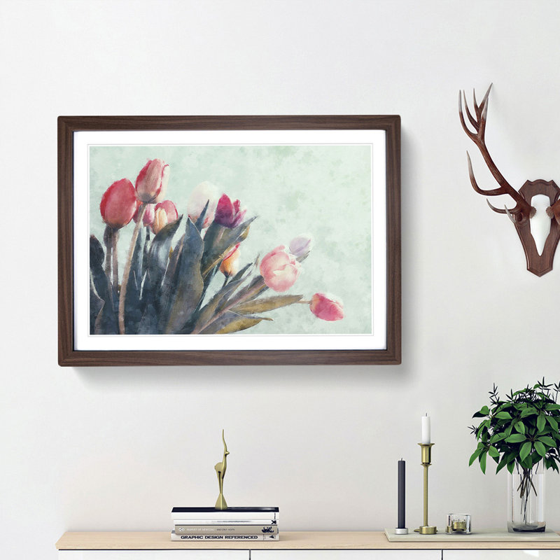 Bunch Of Pink Tulips Painting - Single Picture Frame Print on MDF, Walnut, 24cm H x 33cm W x 2cm D