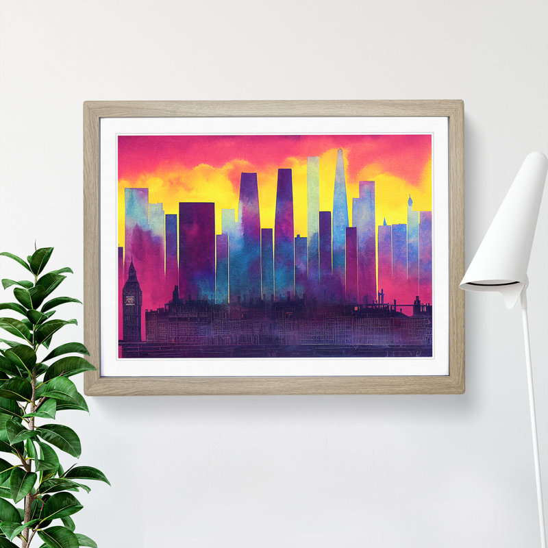 Watercolour London Skyline Vol.2 Abstract - Single Picture Frame Painting, 25cm H x 34cm W x 2cm D, Oak