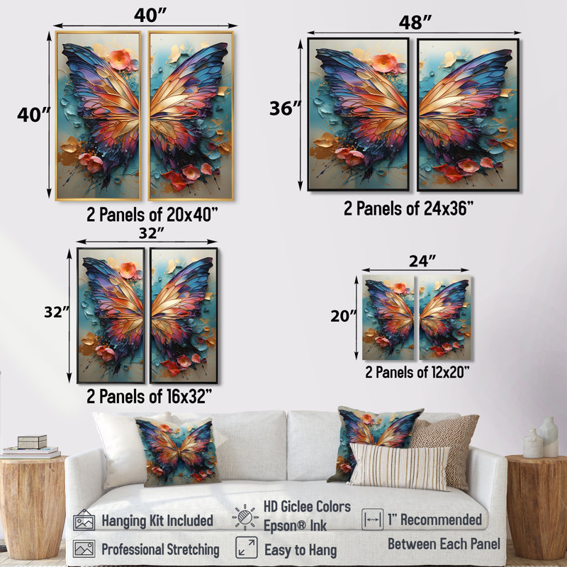 Orange et bleu papillon métallique - impressions d'art sur toile orange, Noir, 36" H x 48" W