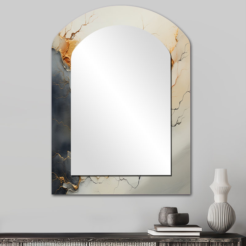 Minimalisme River Mountain Wonders - miroir mural décoratif asymétrique beige, miroir arqué traditionnel, impression d'art en métal