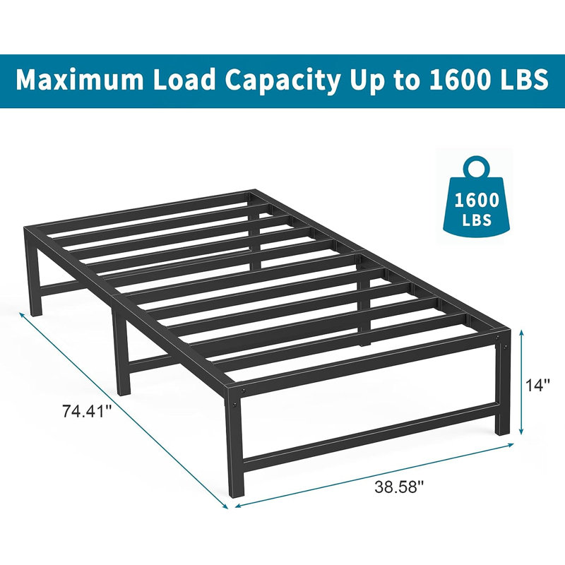 Plateforme de 14 pouces en lattes d'acier robustes avec grand espace de rangement, base de lit simple