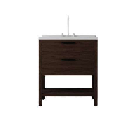 Meuble-lavabo autoportant 36 po avec lavabo 36 po, tiroir à fermeture en douceur, comptoir et dosseret en marbre de culture blanc de 2 po Carrara, contreplaqué, brun