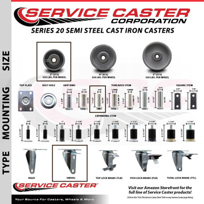 Semi Steel Swivel TS Caster w/RB Set of 4 w/3" Wheels & 3/8" Stem-4 Swivel