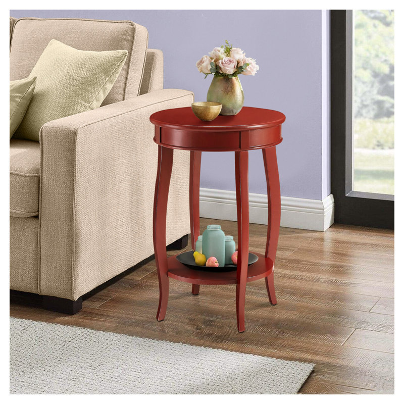 Table d'appoint ronde en bois rouge avec tablette inférieure - Table d'appoint contemporaine pour salon