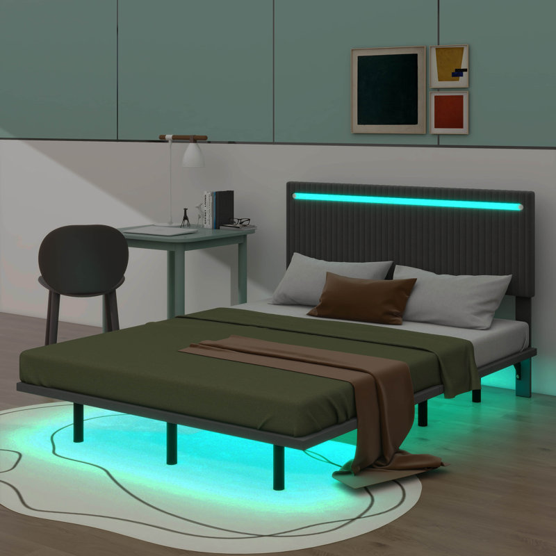 Innovative Modern LED-Lit Upholstered Floating Bed Frame, Full/Double, Gray