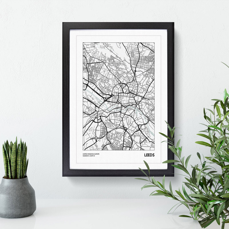 Map Leeds UK - Picture Frame Graphic Art, 65cm H x 48cm W x 2cm D, Black