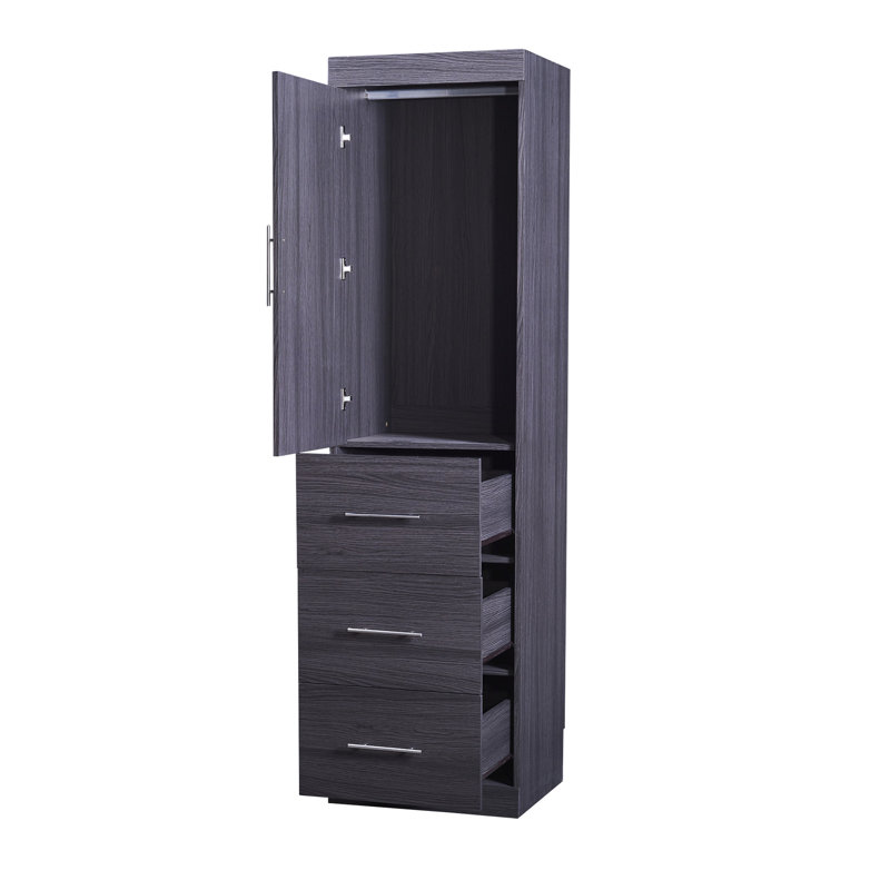 Lit simple avec armoire pliable grise, garde-robe et 3 grands tiroirs de rangement, Lit simple