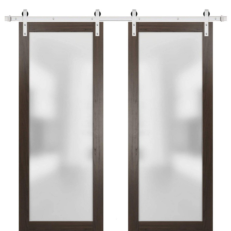 Porte de grange double robuste avec verre givré | Planum 2102 | Ensemble de cintres en métal argentés 13 pi | Portes intérieures modernes à panneau massif - Rail argenté