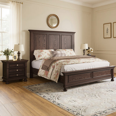 Ensemble de chambre à coucher 3 pièces en bois massif classique, comprenant un grand lit H 65 po et deux tables de chevet, brun foncé