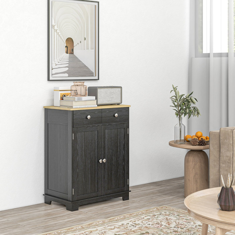 Distressed Black Entryway Sideboard - Solid Wood Countertop, 2 Drawers, Doors, Adjustable Shelf Storage Cabinet With Top Shelf, Kitchen