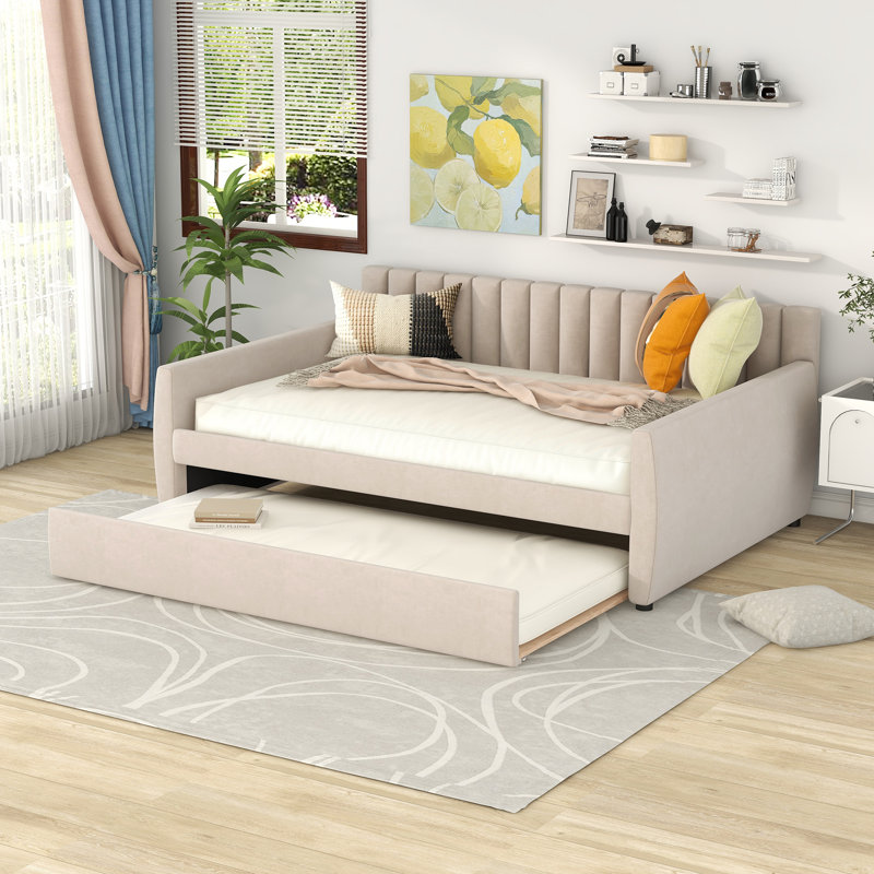 Elegant Full Size Upholstered Daybed With Trundle And Wood Slat Support - Space-Saving Design For Versatile Guest Accommodations