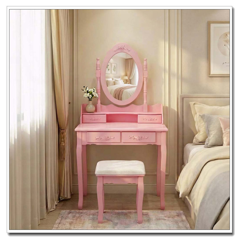 Pink Princess Vanity Desk Set with 360° Rotating Mirror, 4 Drawers and Stool, Pink