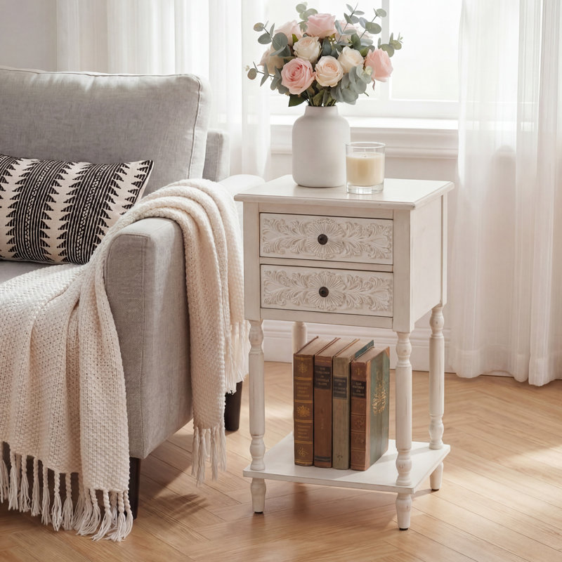 Table de chevet blanche sculptée de 45,7 cm (18 po) de large avec 2 tiroirs et une tablette ouverte, Blanc, 2