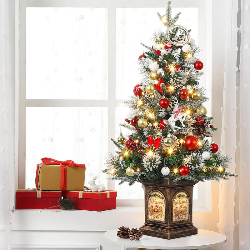 Arbre de Noël enneigé 3 pi, 78 DEL 8 modes, alimenté par batterie avec base Gingerman pour intérieur / extérieur
