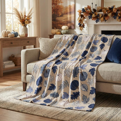 Fall Flannel Blanket Throw, Thanksgiving Khaki Blue Leaves Pumpkin Soft Fuzzy Plush Cozy Fleece Blankets for Couch Sofa Bed Decor, Ideal Gifts for Adults 50x60