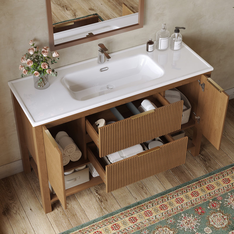 Meuble-lavabo de salle de bain de 122 cm avec lavabo en céramique intégrée, portes et tiroirs à fermeture amortie, meuble de rangement en kit.