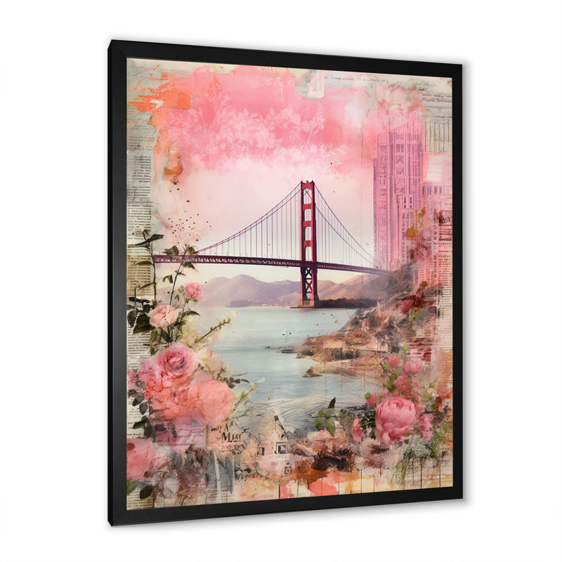 Golden Gate San Francisco - collage rétro rose, H 20 po x l 12 po x P 1 po, Cadre simple noir