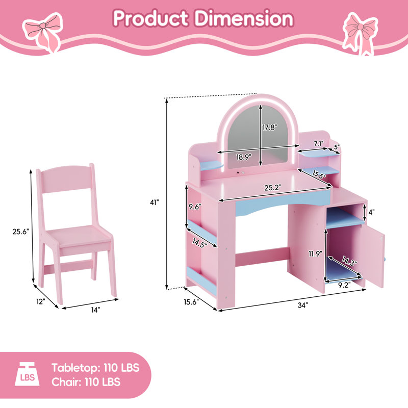 2 in 1 Kids Vanity Set With Mirror And Led Lights, Pink/Blue