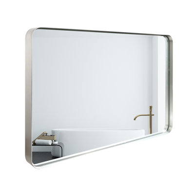 Miroir 36X30inch argent brillant pour la salle de bain et la maison - cadre en métal, coin arrondi, reflet HD, fixation murale étanche avec cadre à bord biseauté, imperméable, installation facile