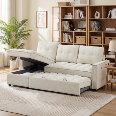 Canapé-lit d'angle convertible de 181 cm de large, en chenille, en forme de L, avec méridienne de rangement réversible, station de recharge et poches latérales.