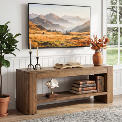 59" Solid Wood TV Stand for 55–65 Inch TVs, Farmhouse Entertainment Center with Open Shelves, Brown