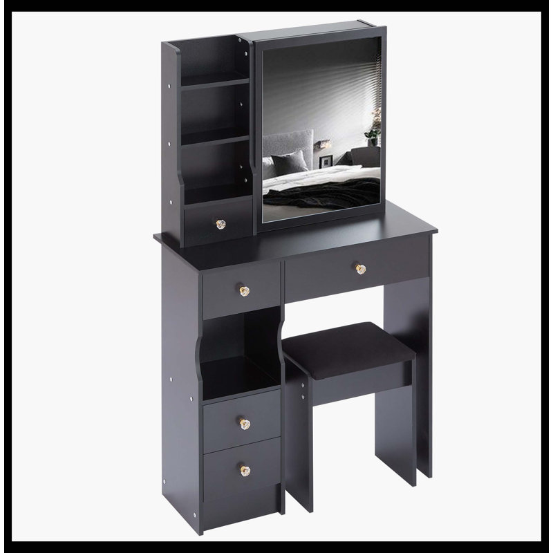 Petit meuble-lavabo de 29,2 po avec tabouret de bureau et tabouret rembourré, très grand miroir coulissant à droite, rangement multi-couches à grande capacité, commode pratique et pratique, convient aux petits espaces
