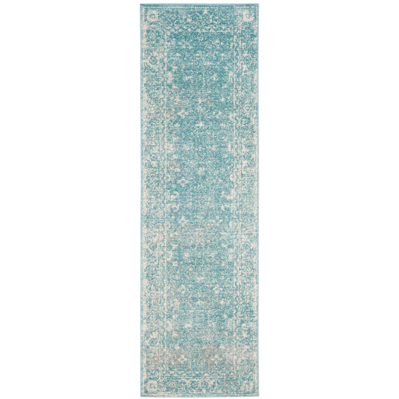 Tapis bleu clair / ivoire Anastacia, Tapis de couloir 2 pi 2 po x 9 pi