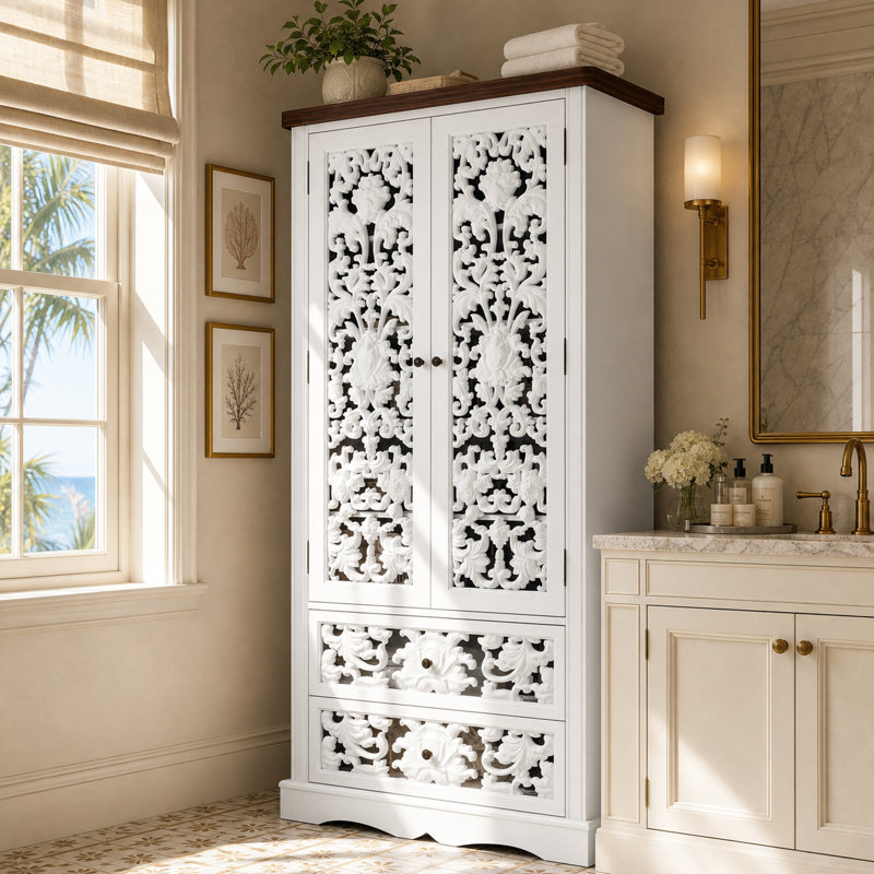 Elegant Two-Door Bathroom Cabinet With Cutout Panels & Dual Drawers