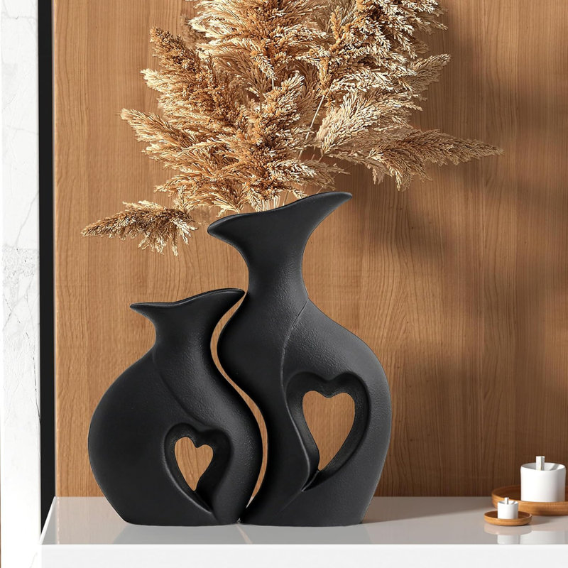 Ensemble de 2 vases en céramique noirs en forme de cœur