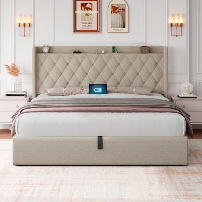 Size Bed Frame With Lift Up Storage & Charging Station, Button Tufted Wingback Upholstered Headboard, Wooden Slats Support, Dark Grey by Latitude Run