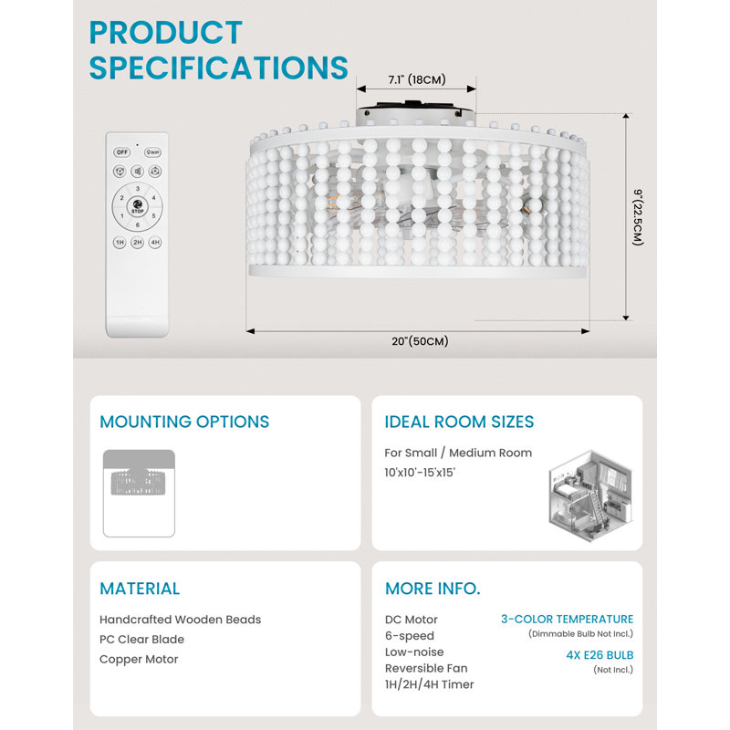 Ventilateur de plafond 20 po Boho Fandelier, Blanc