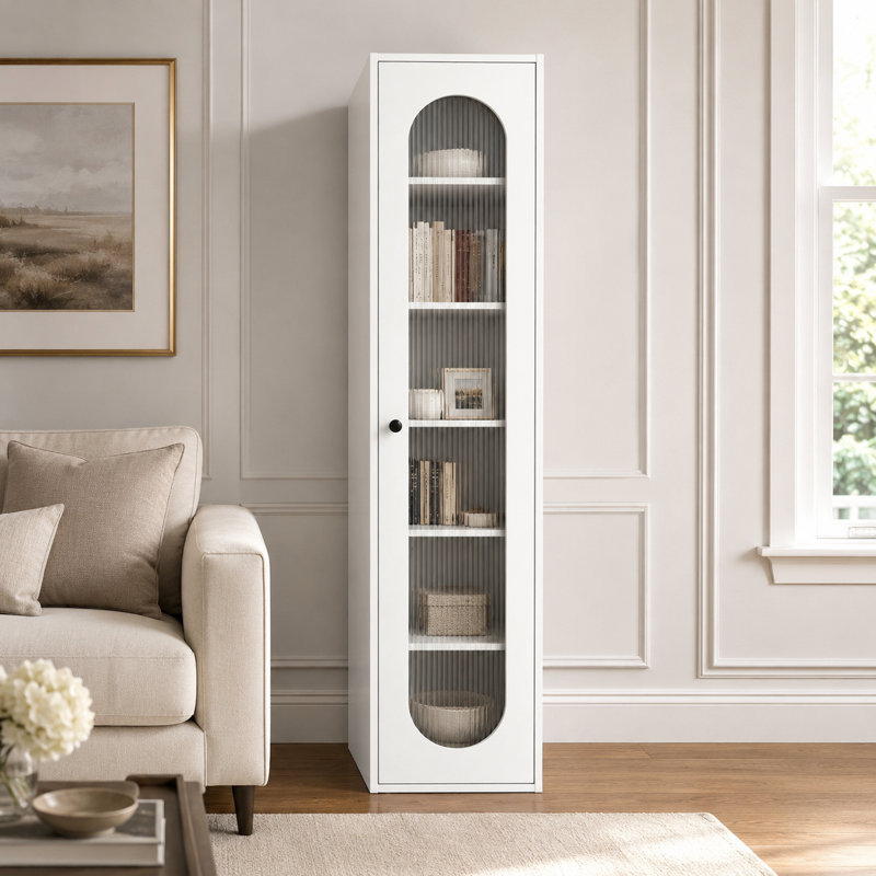 Étagère étroite de 170 cm (66,9 pouces) avec façade en verre et finition mélamine blanche