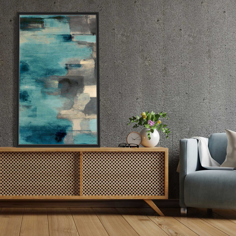 «Downtown Blue Rain I» par Lanie Loreth - peinture sur toile à cadre flottant, L 21,5 po x H 33,5 po
