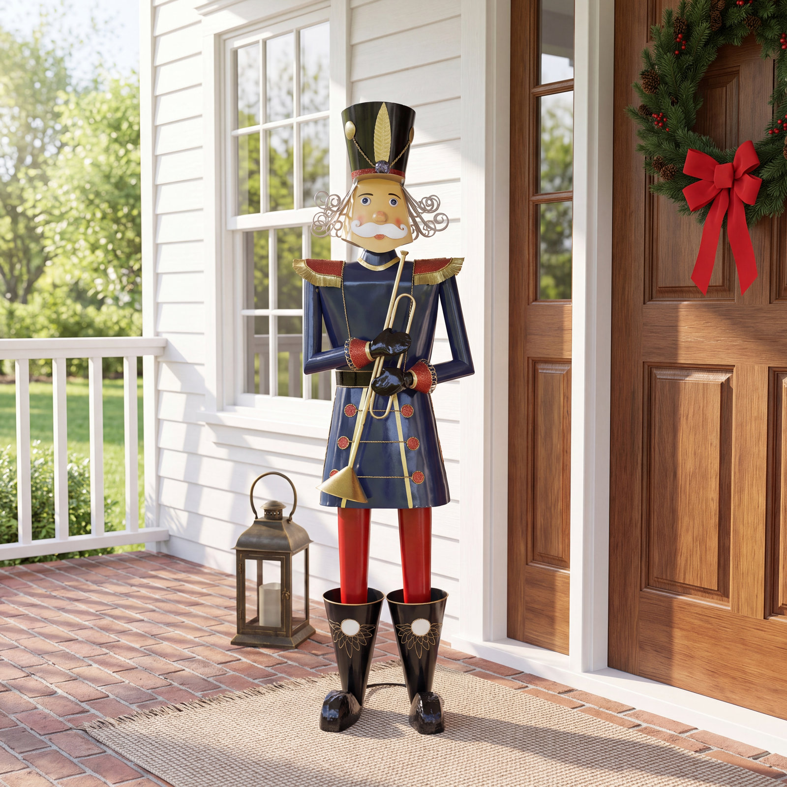 59" Tall Iron Christmas Blue Nutcracker Holding Trumpet "Harold"