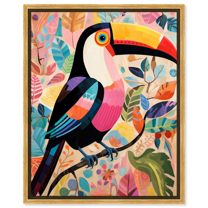 «Whimsical Toucan», art mural abstrait tropical par Art Remedy, Cadre noir, H 46 po x l 37 po