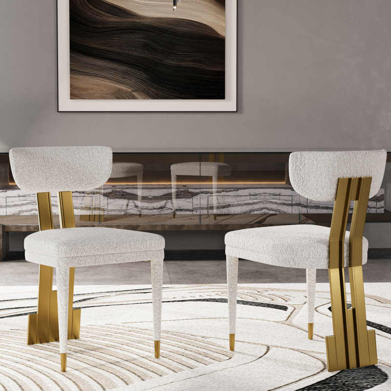 Chaise de salle à manger rembourrée White Boucle avec pieds dorés brossés, 4