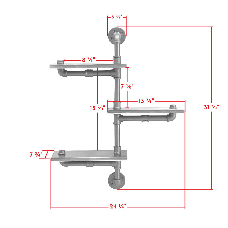 Helbert 3 Tier Staggered Rustic Inductrial Pipe Wall Shelf