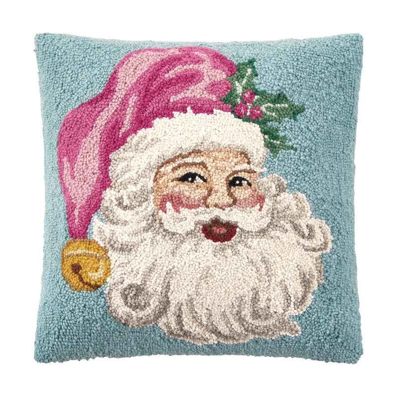 Retro Pink Santa Wool Hook Pillow, Pink/Blue, Square 18"