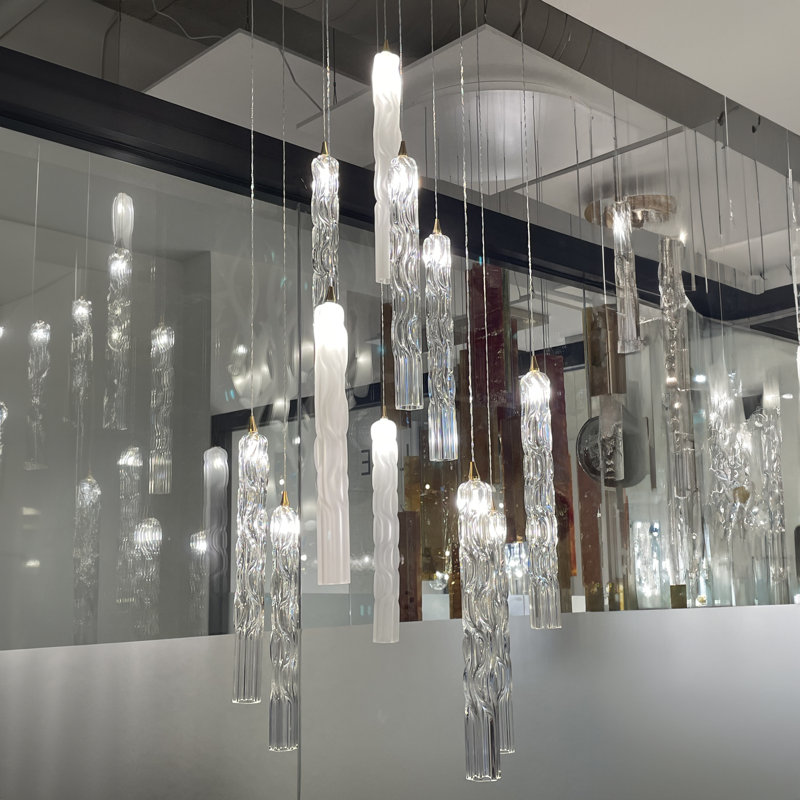 Luminaire suspendu 11 lumières Crystal Falls, Nickel satiné, Transparent / blanc givré