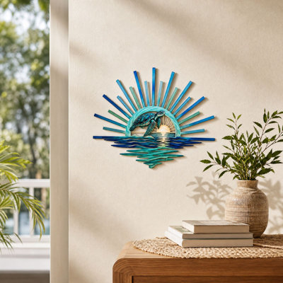 Pièce commémorative en métal, décoration murale tortue marine lever de soleil, style nautique, idéale pour une maison de plage, une salle de bain, un salon ou une terrasse. Décoration murale tortue marine pour maison de plage, salle de bain, salon ou patio.