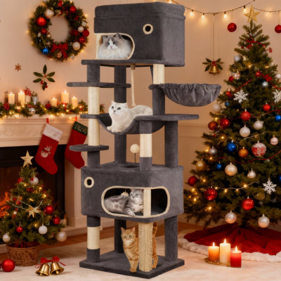 Arbre à chat 70,1 pouces pour chats d'intérieur, grattoir multicouche avec grande plateforme, 2 grottes, 7 poteaux en sisal, pompons, panier à chat, hamac, convient aux chats, gris foncé