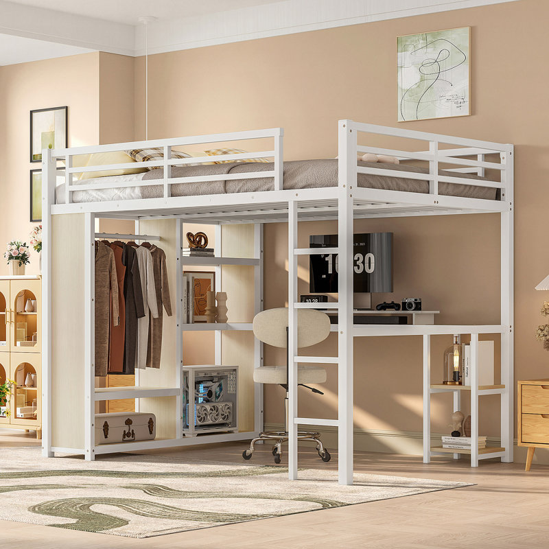 Queen Loft Bed with Wardrobe, Desk & Storage Shelves, Metal Frame with White Wood-Grain Finish