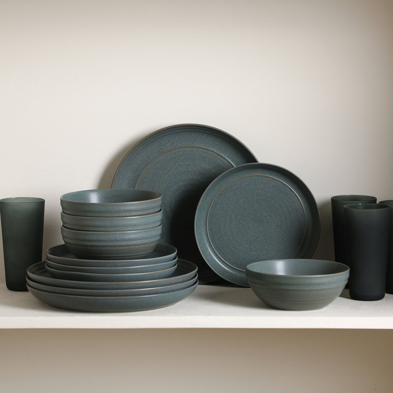 Stone Lain Elio 32-Piece Stoneware Dinnerware And Glass Drinkware Set, Green