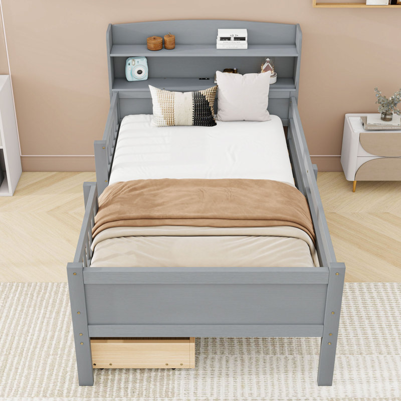 Lit plateforme simple en bois avec éclairage à DEL intégré et 2 tiroirs, gris