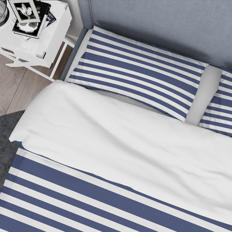 Blue and White Striped Pattern - Abstract Duvet Cover Set - Microfiber Polyester, King Duvet Cover + 2 King Shams