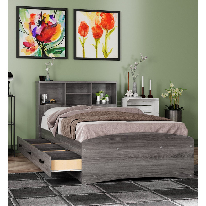 Monira Bed Frame With Storage & Headboard New Design, Twin, Gray