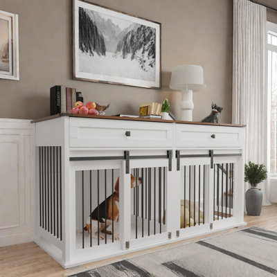 Grande cage double pour chien avec 2 tiroirs, séparateur central amovible, porte coulissante et tube en fer