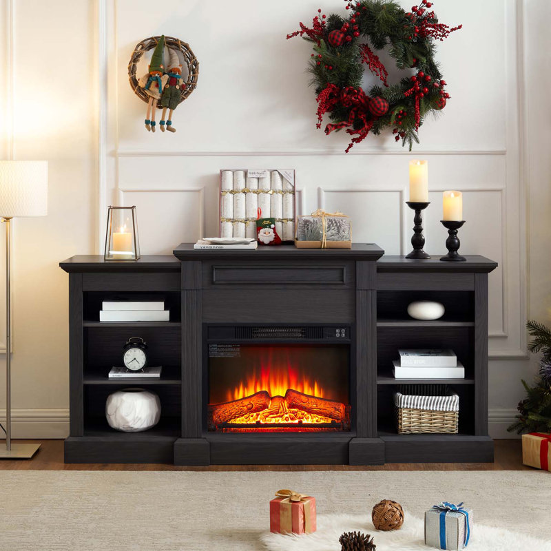 Console multimédia avec grande armoire de rangement, avec foyer encastré de 23 po, pour téléviseur de 70 po ou moins, meuble télé multimédia moderne, gris