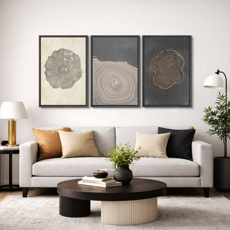 Tree Ring "Beige Gray Wood Stump Artwork, Modern Organic Neutral Minimalist Wall Pictures, Framed Canvas Giclée Print 3 Pieces Wall Art" 16"x24"x3 pcs, 24"x36"x3 pcs