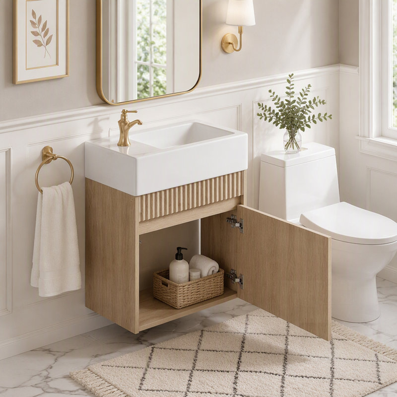 Meuble-lavabo flottant peu encombrant avec lavabo en résine, armoire en panneau de fibres à densité moyenne et conception à pousser sans ouverture pour les espaces de lavage compacts